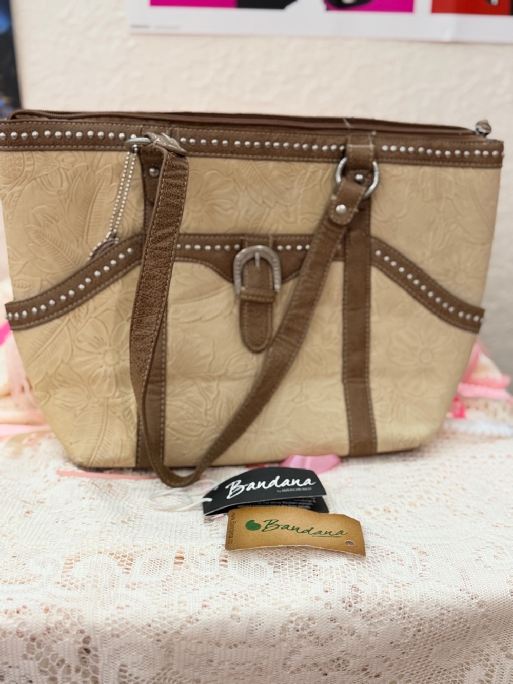 Bandana Brand Floral Embossed Tote in Cream and Brown